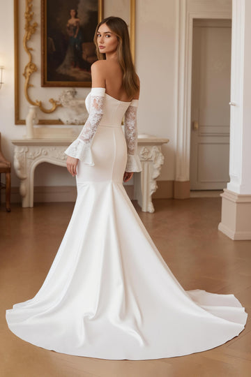 Long Sleeve Appliqued Off The Shoulder Ivory Mermaid Wedding Dress With Court Train